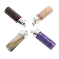 Bijoux pendentifs agate, agate mixte, avec laiton caution, tube, Placage de couleur platine, naturel, couleurs mélangées, 13x39mm-14x45mm, Trou:Environ 3.5mm, 20PC/sac, Vendu par sac