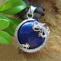 Pendentifs Lapis Lazuli, lapis synthétique, avec alliage de zinc, Plat rond, Placage de couleur argentée, 36x21mm, Trou:Environ 3mm, 10PC/lot, Vendu par lot