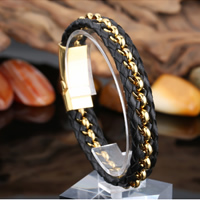 Los hombres de la pulsera y del brazalete, acero inoxidable, con Cuero de PU, chapado en oro real, para hombre, 13mm, Vendido para aproximado 8.4 Inch Sarta