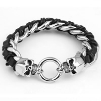 De Armband van mensen, Roestvrij staal, met PU, Schedel, voor de mens & zwart maken, 16mm,20mm, Per verkocht Ca 8.6 inch Strand