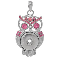 Pendentif bouton morceau, laiton, hibou, Placage de couleur platine, avec strass, protéger l'environnement, sans nickel, plomb et cadmium, 62x31mm, Trou:Environ 8x4mm, Diamètre intérieur:Environ 6mm, Vendu par PC