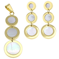 Roestvrij staal sieraden sets, hanger & oorbel, met White Shell, Rond plat, gold plated, natuurlijke, 18x53x2mm, 13x33x13mm, Gat:Ca 5x8mm, 5sets/Lot, Verkocht door Lot