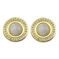 Roestvrij staal Stud Earrings, met Cats Eye, Rond plat, gold plated, met strass, 15.50x15mm, 10paren/Lot, Verkocht door Lot