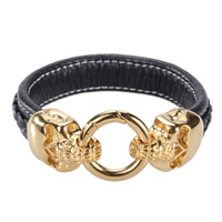 Los hombres de la pulsera y del brazalete, Cuero de vaca, acero inoxidable cierre, chapado en oro de 18 K, para hombre, Negro, libre de níquel, plomo & cadmio, 24mm, Vendido para aproximado 8.9 Inch Sarta