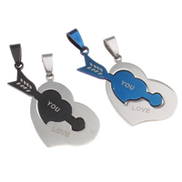 Roestvrij staal paar hangers, Hart, woord love u, plated, voor paar, gemengde kleuren, 13x40x1.5mm, 27x34x1.5mm, Gat:Ca 4x8mm, 20paren/Bag, Verkocht door Bag