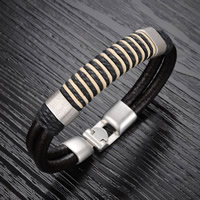 Los hombres de la pulsera y del brazalete, Cuero de PU, con Cáñamo & aleación de zinc, chapado en color de plata antigua, para hombre, Negro, 10mm, longitud aproximado 8 Inch, 3Strandsfilamento/Bolsa, Vendido por Bolsa