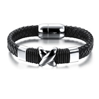 De Armband van mensen, PU, met Titanium Staal & Hennep, voor de mens, zwart, 16mm, Lengte Ca 7.5 inch, 3strengen/Bag, Verkocht door Bag