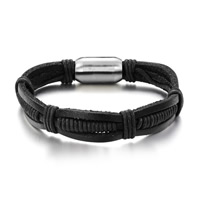 Armband för män, Kohud, med Hampa, titan stål magnetlås, för människan, svart, 12mm, Längd Ca 7.5 inch, 3Strands/Bag, Säljs av Bag