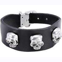 Los hombres de la pulsera y del brazalete, Cuero de vaca, con acero inoxidable, Calavera, ajustable & para hombre, Negro, 30mm, Vendido para aproximado 11.8 Inch Sarta