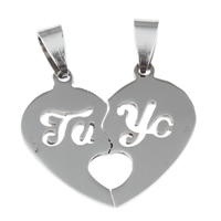 Rustfrit stål par Pendler, Stainless Steel, Heart, for par, oprindelige farve, 16x28x1mm, Hole:Ca. 4x7mm, 10par/Bag, Solgt af Bag