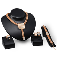 Zinklegering Sieraden Sets, vinger ring & armband & oorbel & halsketting, Zinc Alloy, messing oorbel bericht, met 2lnch extender keten, rose goud plated, lantaarn keten & met strass, nikkel, lood en cadmium vrij, 140mm, 190mm, 20mm, 111mm, Lengte Ca 7.4 inch, Ca 17 inch, 10sets/Lot, Verkocht door Lot