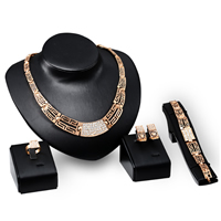 Zinklegering Sieraden Sets, vinger ring & armband & oorbel & halsketting, Zinc Alloy, messing oorbel bericht, rose goud plated, met strass, nikkel, lood en cadmium vrij, 140mm, 170mm, 22mm, 11mm, Lengte Ca 6.6 inch, Ca 17 inch, 10sets/Lot, Verkocht door Lot