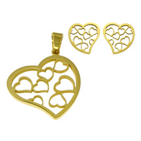 Roestvrij staal sieraden sets, hanger & oorbel, Hart, gold plated, hol, 29x33x2mm, 14x15x1mm, Gat:Ca 4.5x9mm, 5sets/Lot, Verkocht door Lot