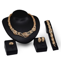 Zinklegering Sieraden Sets, vinger ring & armband & oorbel & halsketting, Zinc Alloy, messing oorbel bericht, met 2lnch extender keten, 18K vergulde, met strass & hol, nikkel, lood en cadmium vrij, 155mm, 181mm, 30mm, 32mm, Lengte Ca 7 inch, Ca 19 inch, 5sets/Lot, Verkocht door Lot