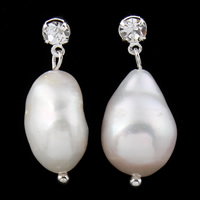 Pearl Fionnuisce Buail Earring, práis iar earring, Rís, dath airgid plated, nádúrtha & le rhinestone, bán, 10-11mm, Díolta De réir Péire