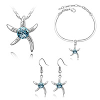 Østrigske Smykke sæt, armbånd & ørering & halskæde, Zinc Alloy, med Østrigske krystal, med 6cm extender kæde, Starfish, platineret, hav blå, 1.7cm, 1.7x4.0cm, 1.7x2.0cm, Længde Ca. 7-9 inch, Ca. 17-20 inch, Solgt af sæt