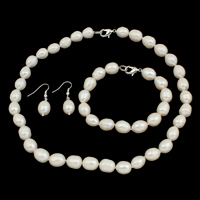 Natural Gekweekte Zoetwater Parel Sieraden Sets, armband & oorbel & halsketting, messing gesp, ijzer oorbel haak, Rijst, natuurlijk, verschillende stijlen voor de keuze, wit, 10-11mm, Lengte Ca 7.5 inch, Ca 17 inch, Verkocht door Stel