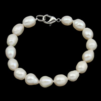 Freshwater Kulturperler Pearl Bracelet, Ferskvandsperle, messing lås, Ris, naturlig, forskellige stilarter for valg, hvid, 9-10mm, Solgt Per Ca. 7.5 inch Strand