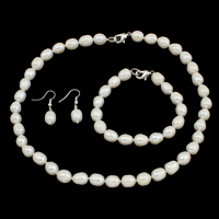 Natural Gekweekte Zoetwater Parel Sieraden Sets, armband & oorbel & halsketting, messing gesp, ijzer oorbel haak, Rijst, natuurlijk, verschillende stijlen voor de keuze, wit, 9-10mm, Lengte Ca 7.5 inch, Ca 17 inch, Verkocht door Stel