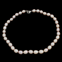 Diúilicín Péarla muince Nádúrtha, Pearl Fionnuisce, práis clasp, Rís, fhad éagsúla do rogha & stíleanna éagsúla do rogha, corcra, 9-10mm, Díolta De réir Snáithe