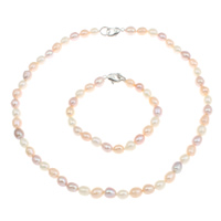 Naturliga Odlade Sötvatten Pearl Jewelry Sets, armband & halsband, Freshwater Pearl, mässing lås, Ris, olika stilar för val, flerfärgad, 7-8mm, Längd Ca 7.4 inch, Ca 17 inch, Säljs av Ställ