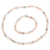 Natural Gekweekte Zoetwater Parel Sieraden Sets, armband & halsketting, messing gesp, Rijst, natuurlijk, verschillende stijlen voor de keuze, multi-gekleurde, 8-9mm, Lengte Ca 7.5 inch, Ca 17 inch, Verkocht door Stel