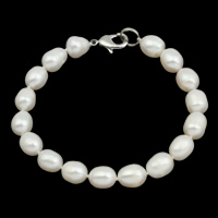 Freshwater Kulturperler Pearl Bracelet, Ferskvandsperle, messing lås, Ris, naturlig, forskellige stilarter for valg, hvid, 8-9mm, Solgt Per Ca. 7.5 inch Strand