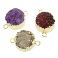 Přírodní Quartz Connector, Ice Quartz Achát, s Mosaz, Flat Round, druzy styl & 1/1 smyčka, smíšené barvy, 22x15x9mm, Otvor:Cca 2mm, 5PC/Bag, Prodáno By Bag