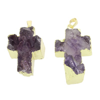 Nádúrtha Grianchloch Druzy Pendants, Aimitis, le Prás, Cross, Birthstone Feabhra & stíl druzy, 23x36x20mm-25x44x19mm, Poll:Thart 5x7mm, 5ríomhairí pearsanta/Mála, Díolta De réir Mála