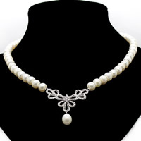 Collar de Perlas Natural de Freshwater, Perlas cultivadas de agua dulce, con metal, con 5cm extender cadena, Flor, micro arcilla de zirconia cúbica, Blanco, 9-10mm, Vendido para aproximado 17.5 Inch Sarta