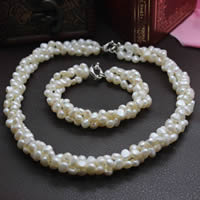 Gioielli perle naturali coltivate d'acquadolce, Bracciale & Collana, perla d'acquadolce coltivata naturalmente, ottone chiusura anello primavera, Barocco, naturale, 3-filo, bianco, 5-6mm, Lunghezza Appross. 7 pollice, Appross. 17 pollice, Venduto da set