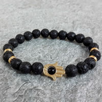 Hamsa Armbanden, Lava, met Black Stone & Zinc Alloy, Evil Hamsa Eye, gold plated, natuurlijke, nikkel, lood en cadmium vrij, 8mm, 22pC's/Strand, Per verkocht Ca 7.4 inch Strand