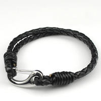 Pulseira masculina, corda de Couro de vaca, Aço inoxidável fecho da lagosta, preto, níquel, chumbo e cádmio livre, vendido para 7.8 inchaltura Strand