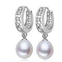 Pär Hoop Drop örhänge, Freshwater Pearl, med Mässing, Dropp, naturlig, med cubic zirconia & ihålig, vit, 8-9mm, Säljs av Par