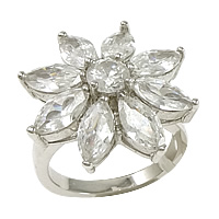 Cubic Zircon Messing fingerring, med Glas, Flower, platineret, forskellig størrelse for valg & med cubic zirconia, nikkel, bly & cadmium fri, 21mm, Solgt af PC