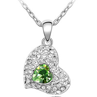 Collier en cristal autrichien, alliage de zinc, avec Cristal autrichien, coeur, Plaqué de platine, avec strass, vert olive, 1.6x2.5cm, Vendu par Environ 17-20 pouce brin