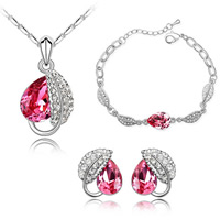 Swarovski Elements Kristall Schmuck setzt, Armband & Ohrring & Halskette, mit Zinklegierung, mit Verlängerungskettchen von 5cm, Tropfen, platiniert, Rosa, 1.4cm, 1.2x1.4cm, 1.6x2.9cm, Größe:6-9.5, Länge ca. 7 ZollInch, ca. 17-20 ZollInch, verkauft von setzen