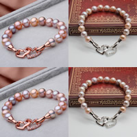 Sötvatten odlade Pearl Bracelet, Freshwater Pearl, mässing Foldover lås, Potatis, plated, naturliga & micro bana cubic zirconia, fler färger för val, 8-9mm, Såld Per Ca 7 inch Strand