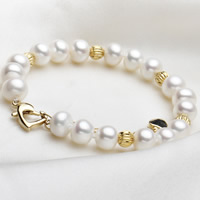 Fionnuisce saothraithe Pearl Bracelet, Pearl Fionnuisce, le Prás, le 5cm slabhra extender, Prátaí, dath an óir plated, nádúrtha & rocach, bán, 8-9mm, Díolta Per Thart 7 Inse Snáithe