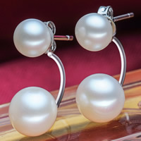 Pearl Fionnuisce Double Pearl fonsa Graí Earring, le Prás, Button, nádúrtha, inscortha, bán, 6.5-7mm, 8.5-9mm, Díolta De réir Péire