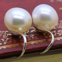 Pearl Fionnuisce Graí Earring, práis Hook earring, Button, nádúrtha, bán, 9-10mm, Díolta De réir Péire