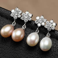 Pearl Fionnuisce Buail Earring, le Prás, Rís, dath airgid plated, nádúrtha & le zirconia ciúbach, dathanna measctha, 9-10mm, 2Péirí/Mála, Díolta De réir Mála