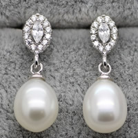 perle d'eau douce cultivée Boucle d'oreille goutte, avec laiton, riz, naturel, normes différentes pour le choix & pavé de micro zircon, blanc, Vendu par paire