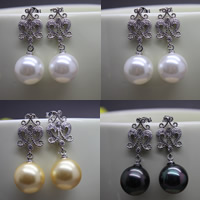 South Sea Shell Oorbel, met Messing, Ronde, silver plated, natuurlijke & micro pave zirconia, meer kleuren voor de keuze, 12mm, Verkocht door pair