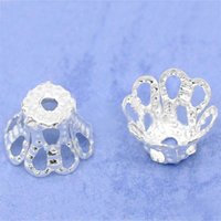 Jern perle hætter, Flower, sølvfarvet forgyldt, hule, nikkel, bly & cadmium fri, 6x5mm, Hole:Ca. 1mm, 5Tasker/Lot, 200pc'er/Bag, Solgt af Lot