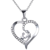 Zinc Alloy smykker halskæde, med jern kæde, med 7cm extender kæde, Heart, platin farve forgyldt, Mother Day Smykker & oval kæde & med rhinestone, nikkel, bly & cadmium fri, 25x25mm, Længde Ca. 16.5 inch, 3Strands/Bag, Solgt af Bag