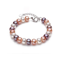 Sötvatten odlade Pearl Bracelet, Freshwater Pearl, mässing Karbinlås, med 4cm extender kedja, Button Shape, naturlig, flerfärgad, 7-8mm, Såld Per Ca 7 inch Strand