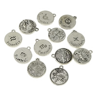 Zinc Alloy Flat Round Pendants antique silver color plated Zodiac symbols jewelry nickel lead & cadmium free Approx 2mm Sold By Bag