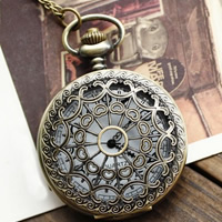 Fashion Pocket Watch, Cink ötvözet, -val vas lánc & Üveg, Lapos kerek, antik bronz színű bevonattal, csavarja ovális lánc & üreges, nikkel, ólom és kadmium mentes, 46mm, Naponta eladott Kb 30 inch Strand