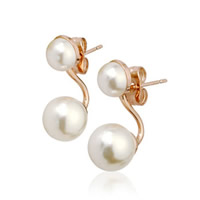 Sinc Alloy Double Pearl fonsa Graí Earring, le ABS Pearl plaisteach, déanta as cruach dhosmálta iar earring, Babhta, dath ardaigh ór plátáilte, nicil, luaidhe & caidmiam saor in aisce, 10x23mm, Díolta De réir Péire